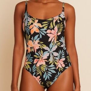Billabong Beach Babe Black and Pink One Piece Swimsuit Tropical Floral
